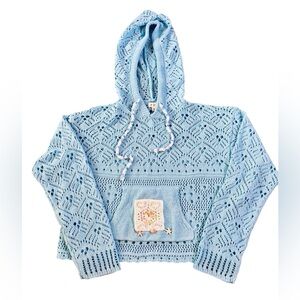 POL Light Blue Shell Detail Open Crochet Hooded Pullover